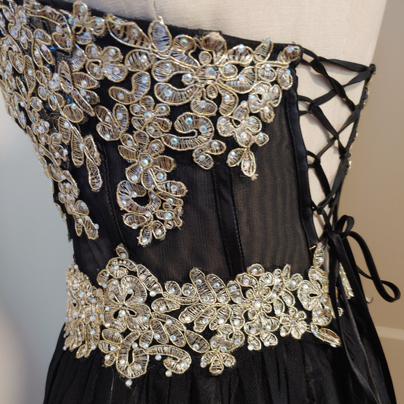 Whimsigoth Corset Unconventional Lace Mesh Strapless Sequin Formal Prom Gown - Picture 5 of 9